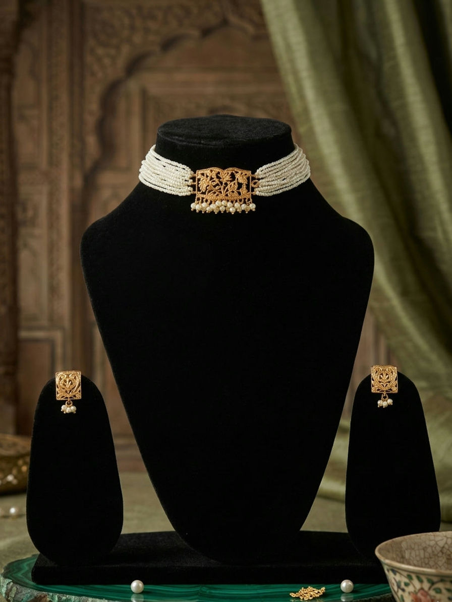 22k gold dust matte antique polish pearl choker set