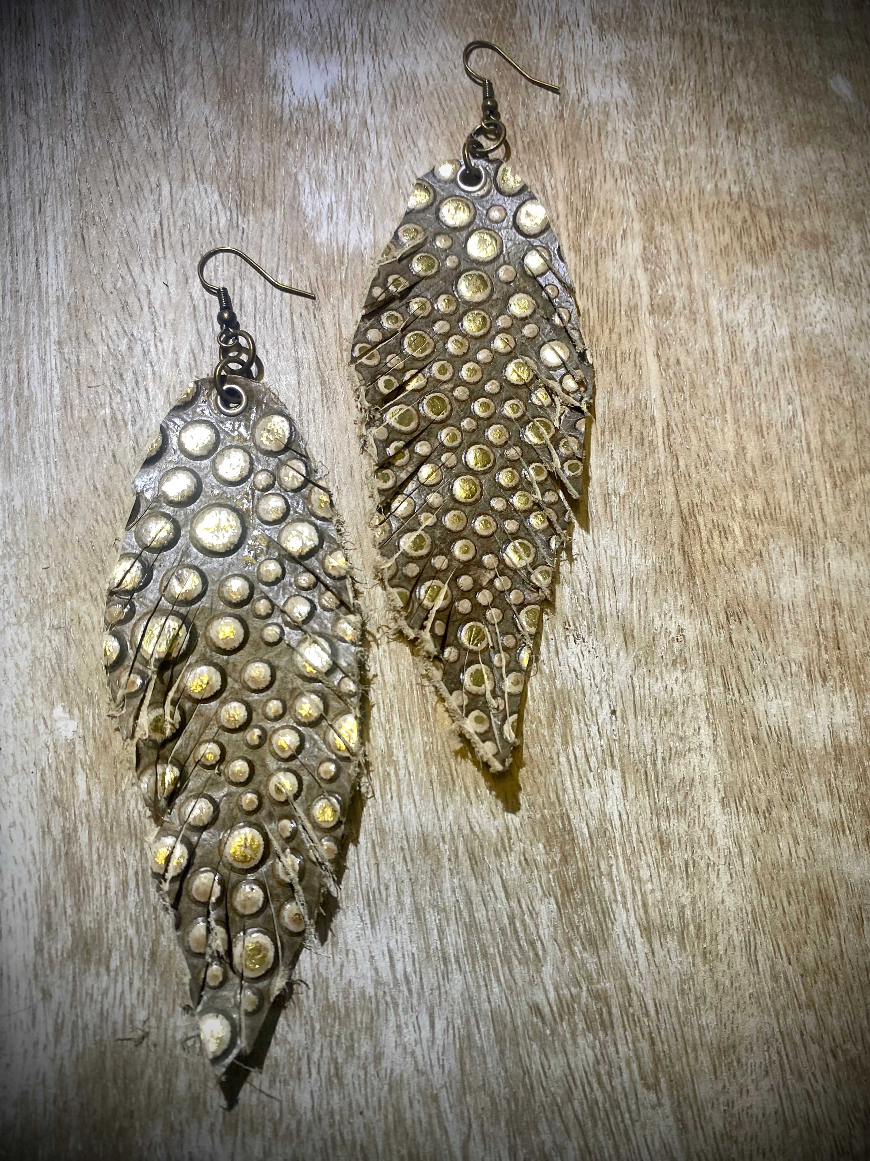 Gold Polkadot Leather Feathered Earrings