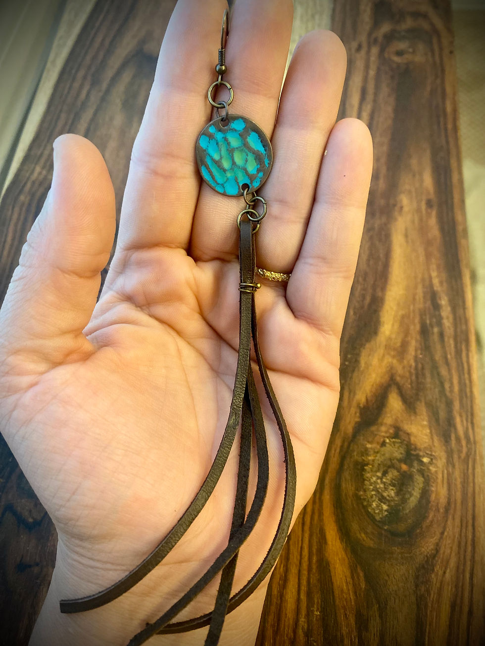 Thumbnail: Turquoise Leather Tassel Earrings