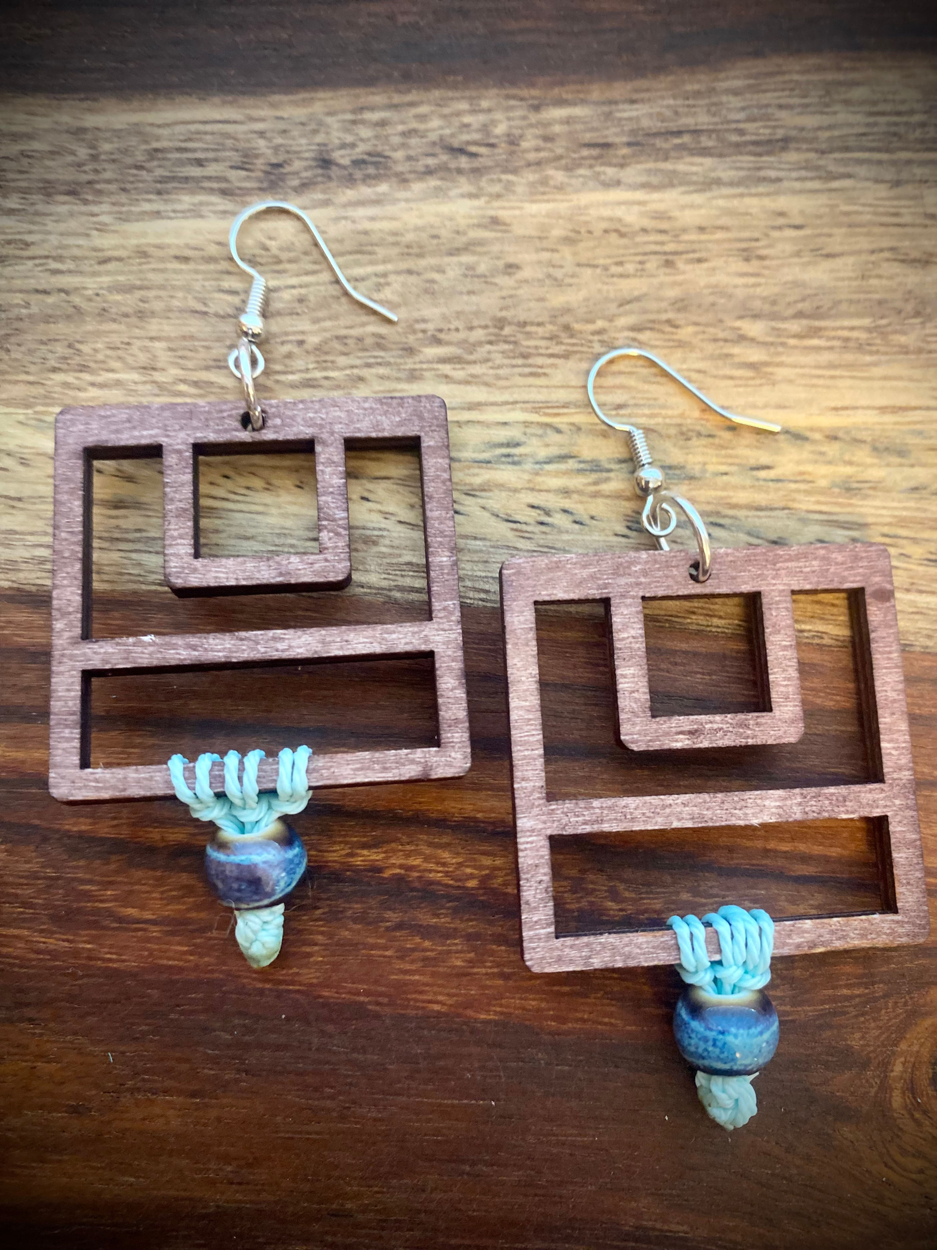 Square Wooden Blue Ceramic beads Earrings