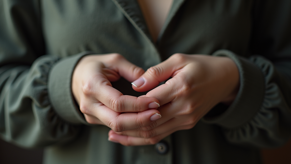 Close-up view of a person’s hands resting gently on their chest