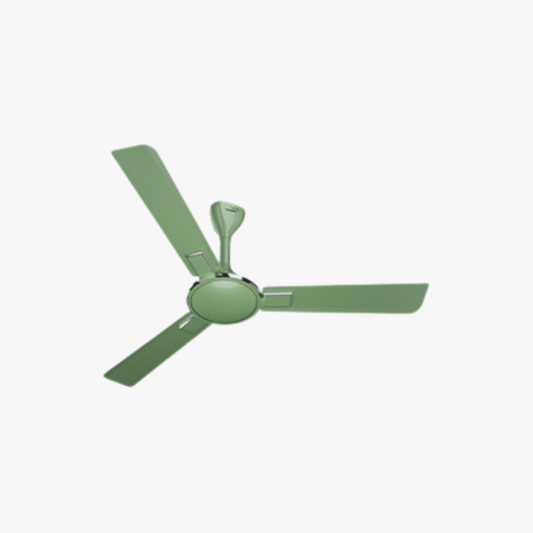 Green ceiling fan with three blades on white background, ready to cool.