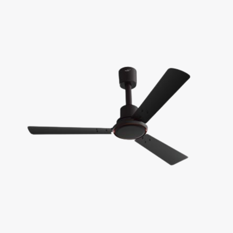 Black ceiling fan with three blades on white background, Alpha style.