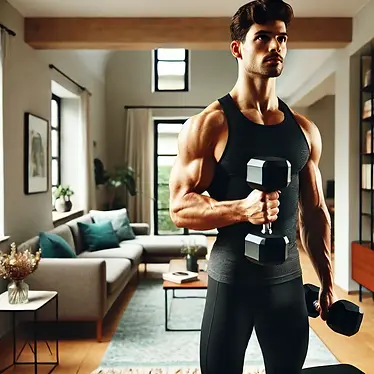 DALL·E 2025-03-02 20.46.07 - A person performing a Hammer Curl exercise at home, holding t