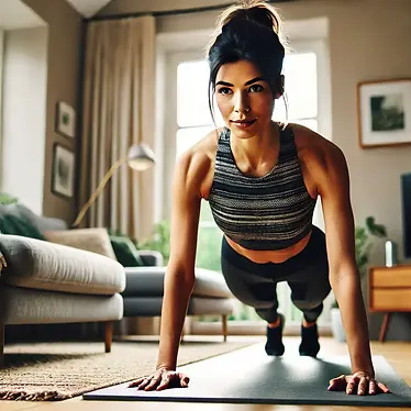 DALL·E 2025-03-01 17.39.14 - A fit woman doing push-ups at home in a modern living room. S