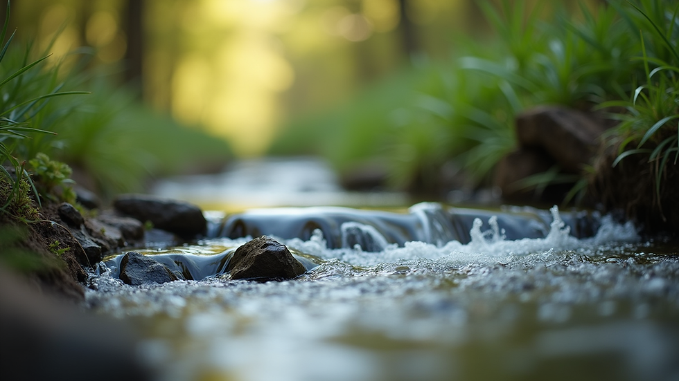 Close-up view of a serene nature scene with a flowing stream