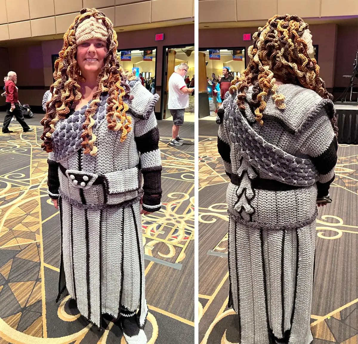 Attendee at a Star Trek convention in a knitted Klingon costume