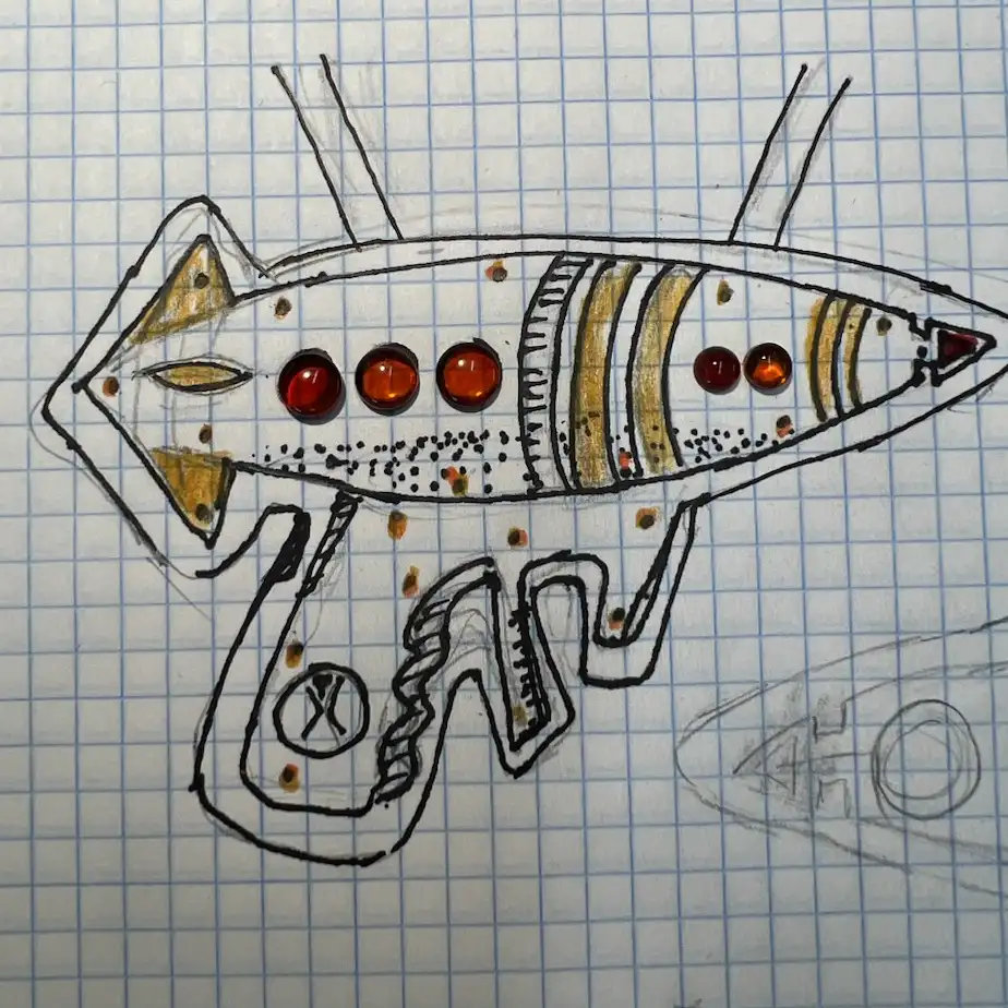 Sketch on graph paper for ray gun bolo tie pendant