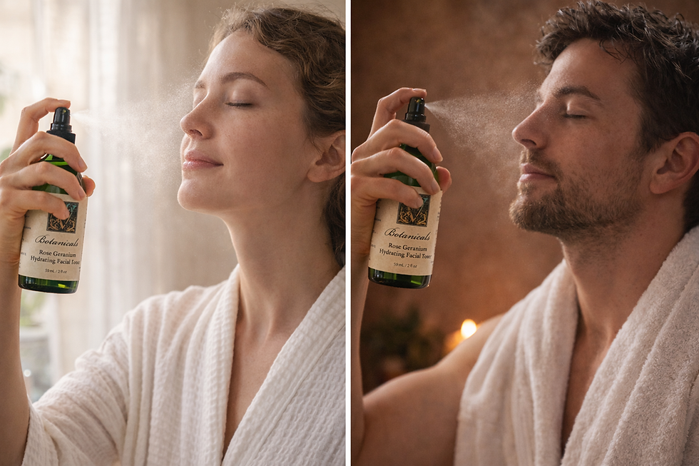 Thumbnail: A Woman and a Man Using The Rose Geranium Hydrating Spray