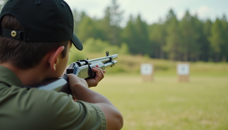 Eye-level view of a cadet participating in a clay pigeon shooting activity at an outdoor camp