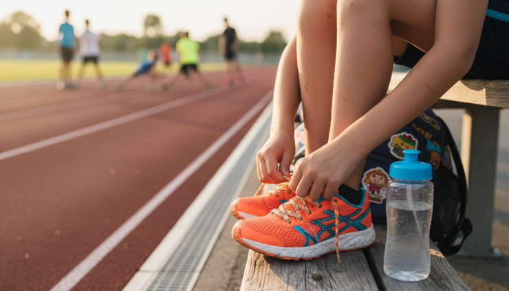 Close-up view of a child tying running shoes beside a track lane