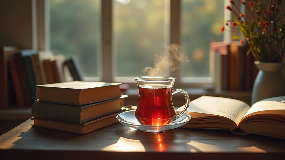 Eye-level view of a cozy reading nook with a stack of books and a steaming cup of tea