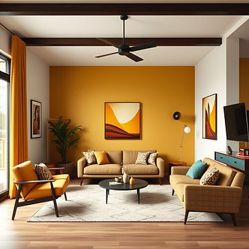 mid-century modern style living space, color & contrast, neutral background, beams, ceilingfan, wood flooring