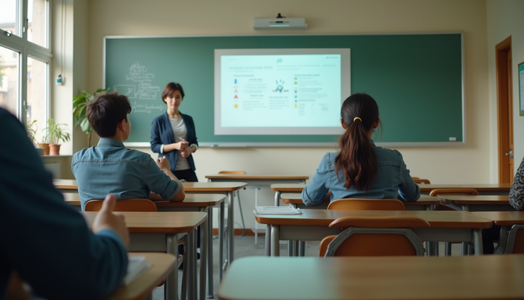 Vista aérea de un aula tranquila con un profesor y un estudiante en una clase individual de idiomas