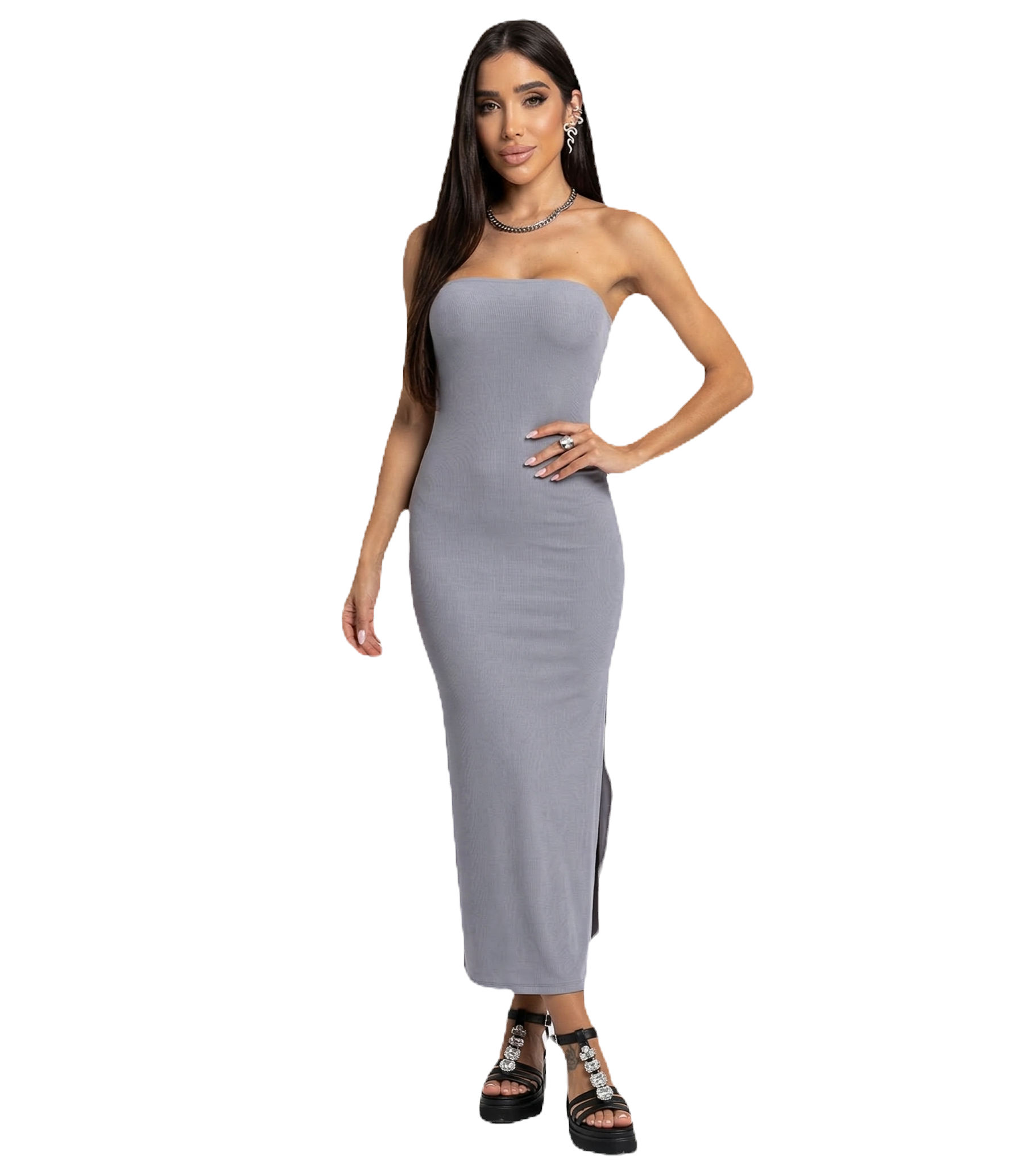 Vestido Midi Slim Cinza Urbano