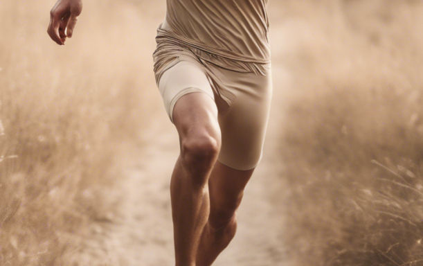 Man running in nature in beige compression arm bands without showing his face..jpg