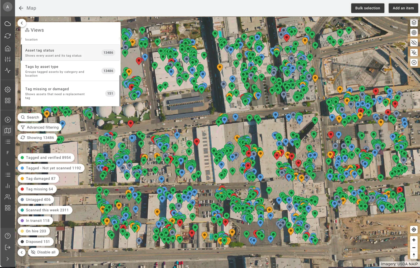 Sample EXTAG map of an industrial and warehouse precinct, with colour-coded pins in the Asset tag status view. Statuses shown: Tagged and verified; Tagged: Not yet scanned; Tag damaged; Tag missing; Untagged; Scanned this week; In transit; On hire; Disposed.