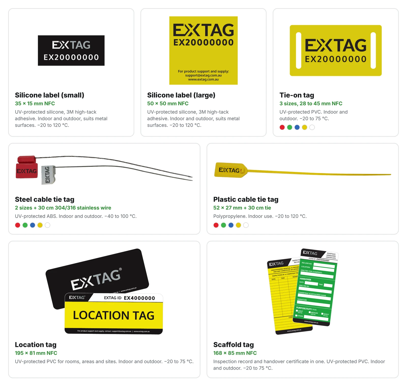 The EXTAG NFC tag range: small and large silicone labels, tie-on tags, steel and plastic cable-tie tags, location tags and scaffold inspection tags, with sizes and operating temperatures.