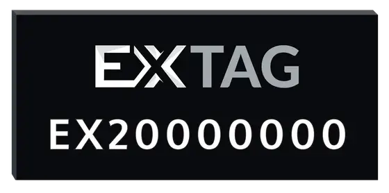 Small black EXTAG NFC silicone label printed with the EXTAG logo and ID number EX20000000.