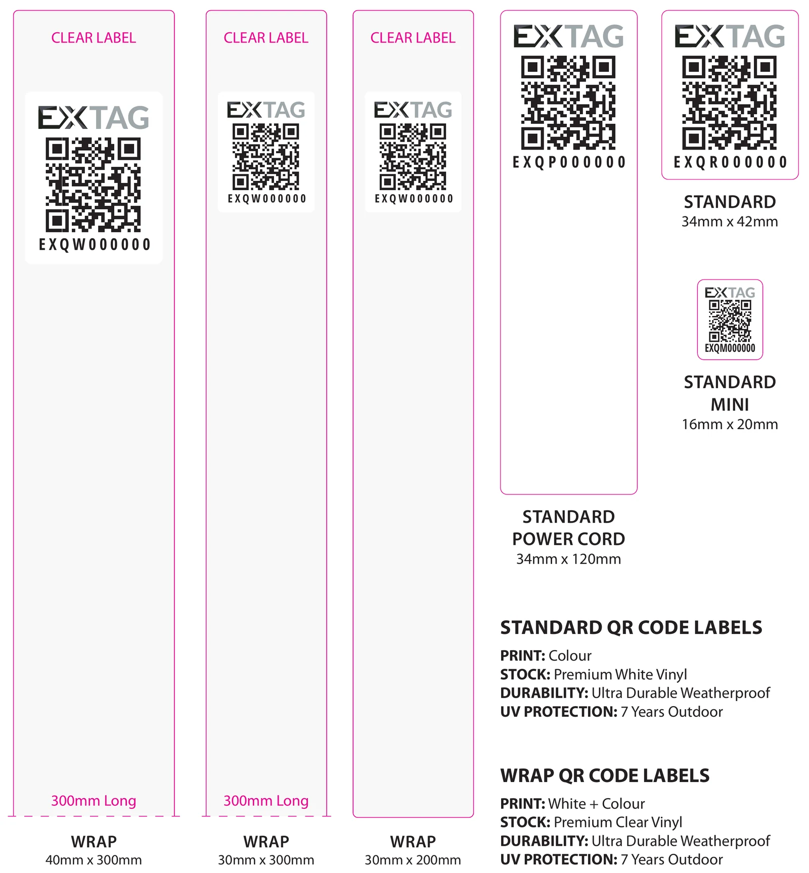 EXTAG QR code label range: standard 34×42 mm, mini 16×20 mm and power-cord 34×120 mm labels on premium white vinyl, and clear wrap labels up to 40×300 mm, all ultra-durable and weatherproof with 7-year outdoor UV protection.