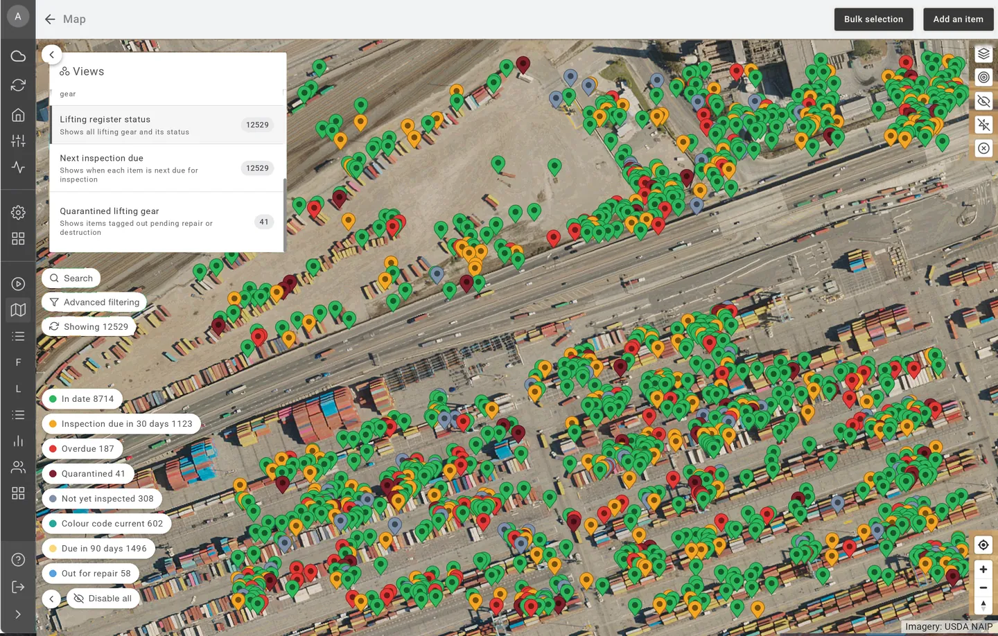Sample EXTAG map of a container terminal and rail interchange, with colour-coded pins in the Lifting register status view. Statuses shown: In date; Inspection due in 30 days; Overdue; Quarantined; Not yet inspected; Colour code current; Due in 90 days; Out for repair.