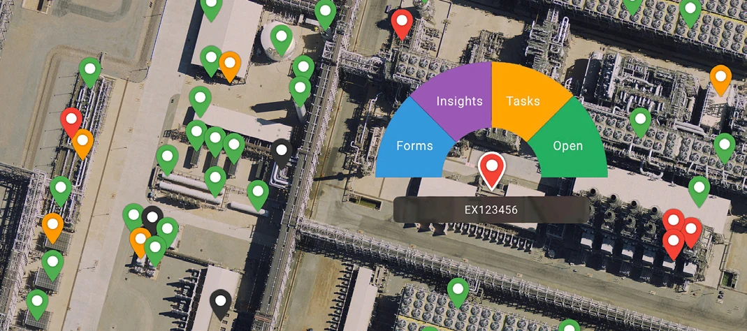 EXTAG live map with colour-coded asset pins; selecting a tag opens a menu for Forms, Insights, Tasks and Open.