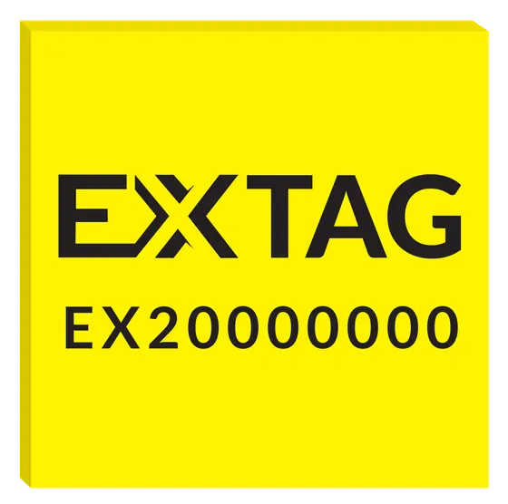 Large square yellow EXTAG NFC silicone label printed with the EXTAG logo and ID number EX20000000.