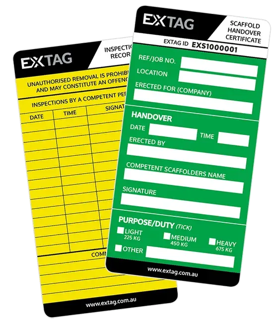 Two EXTAG NFC Scaffold Tags: a yellow inspection record tag with dated inspection rows, and a green scaffold handover certificate tag with EXTAG ID EXS1000001.