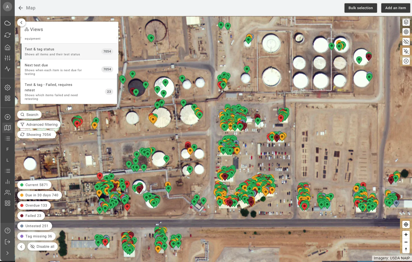 Sample EXTAG map of a refinery tank farm, with colour-coded pins in the Test & tag status view. Statuses shown: Current; Due in 30 days; Overdue; Failed; Untested; Tag missing.