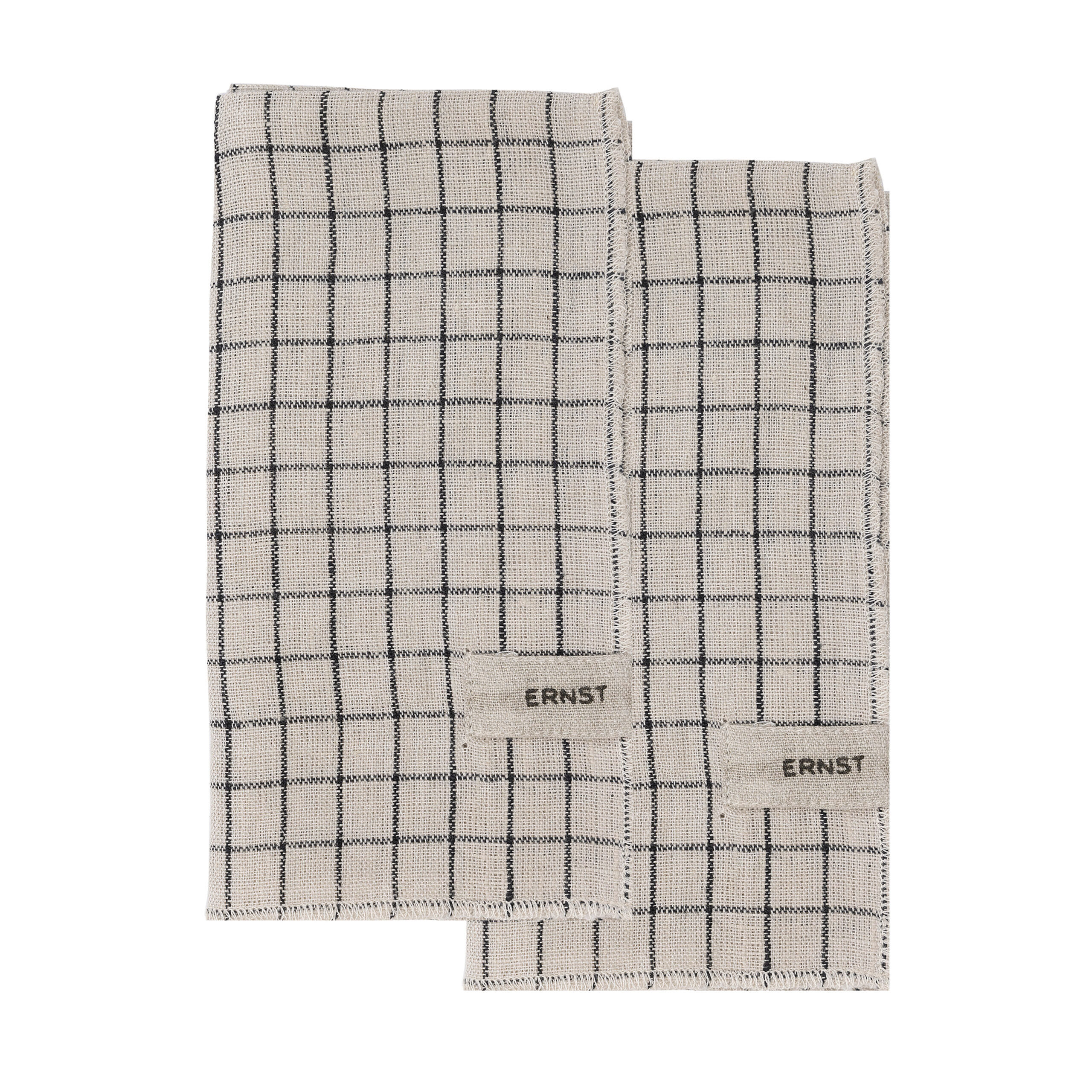 Zwei beige Leinen-Servietten mit schwarzen, dünnen Linien.
