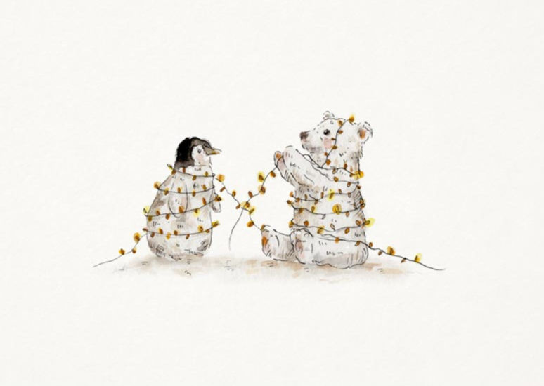 inkylines Weihnachtskarte mit handgezeichnetem Pinguin und Eisbär mit Lichterkette
