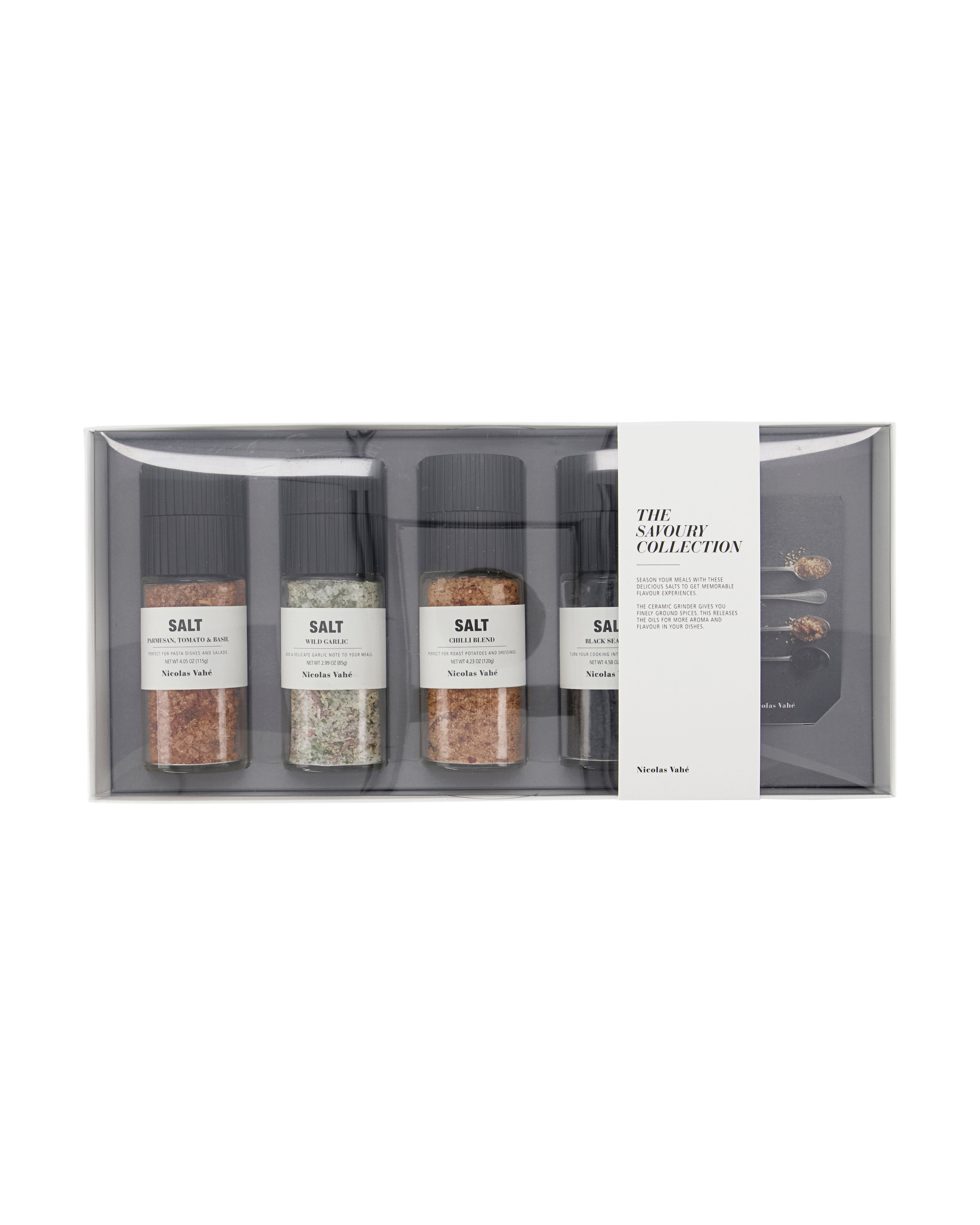 Eine Geschenbox mit verschiedenen kleinen gefüllten Salzmühlen von Nicolas Vahé.