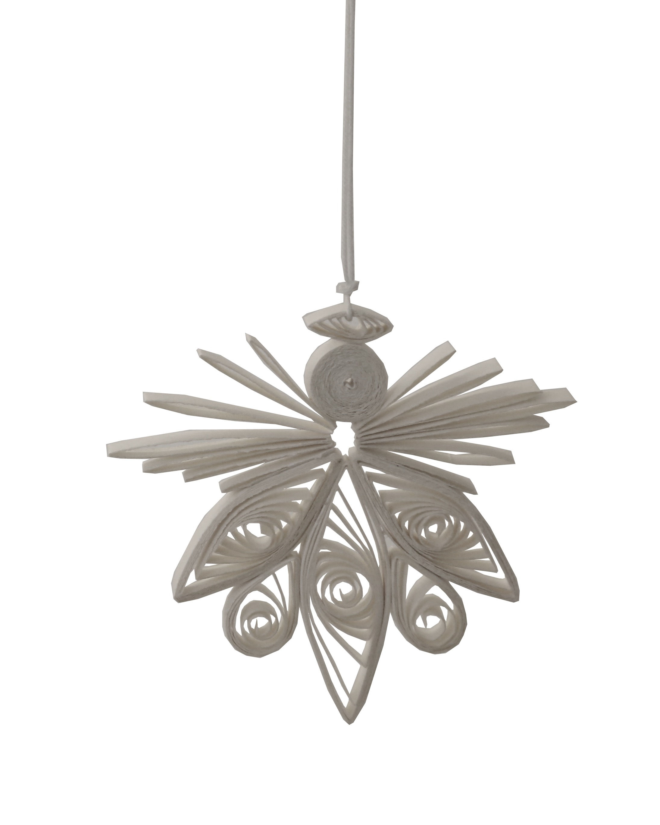Ein weisses Papierornament in Form eines Engels für den Christbaum.
