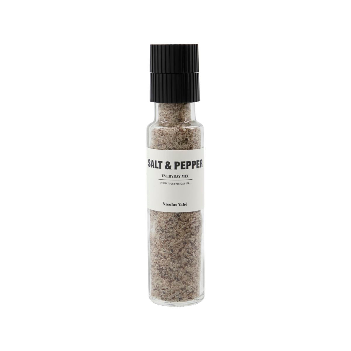 Eine Mühle aus Glas mit einem Salz-Pfeffer-Mix von Nicolas Vahé.