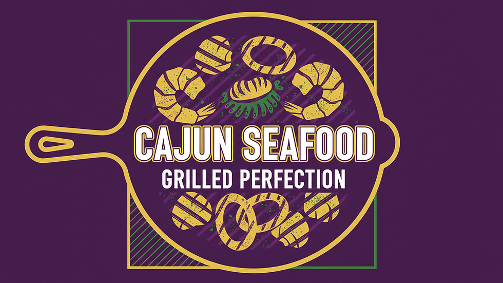 Close-up view of a plate with grilled seafood and Cajun spices