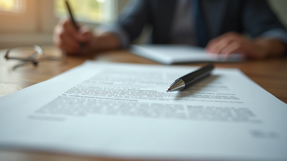 Close-up view of legal documents and a pen on a wooden desk