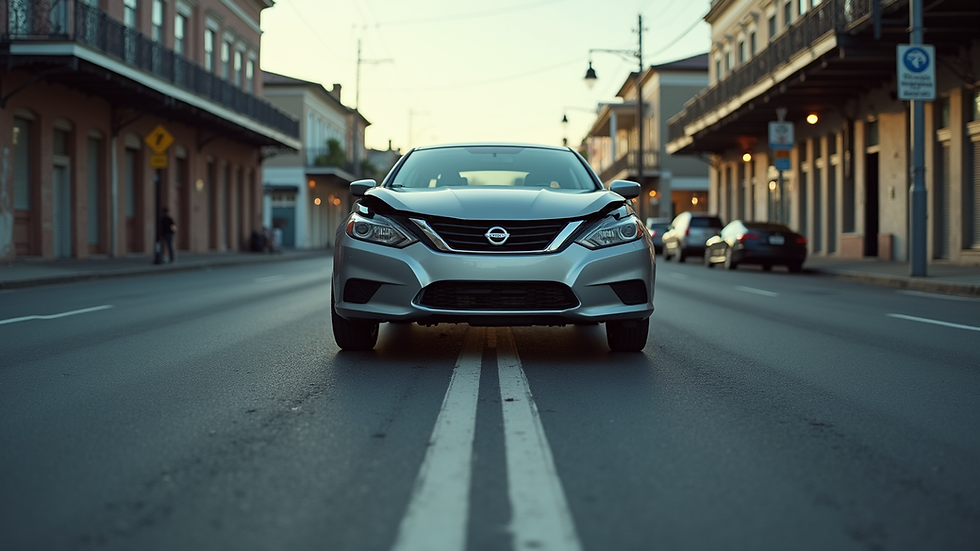 Eye-level view of a damaged car on a New Orleans street after a hit and run accident