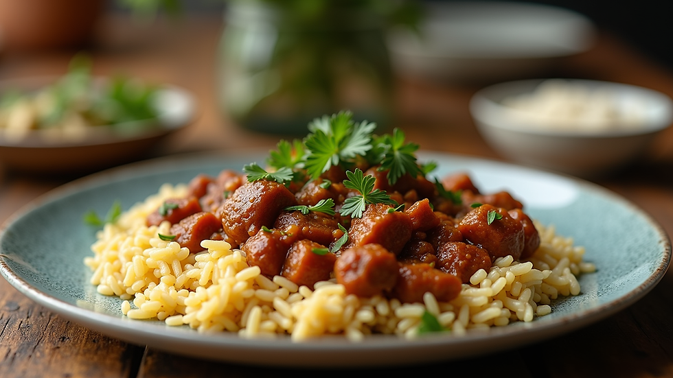Eye-level view of a plate of gumbo with rice and fresh herbs