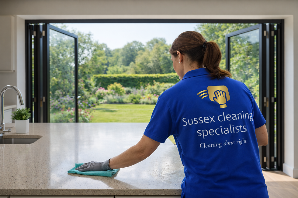 Sussex Cleaning Specialist wiping kitchen worktop