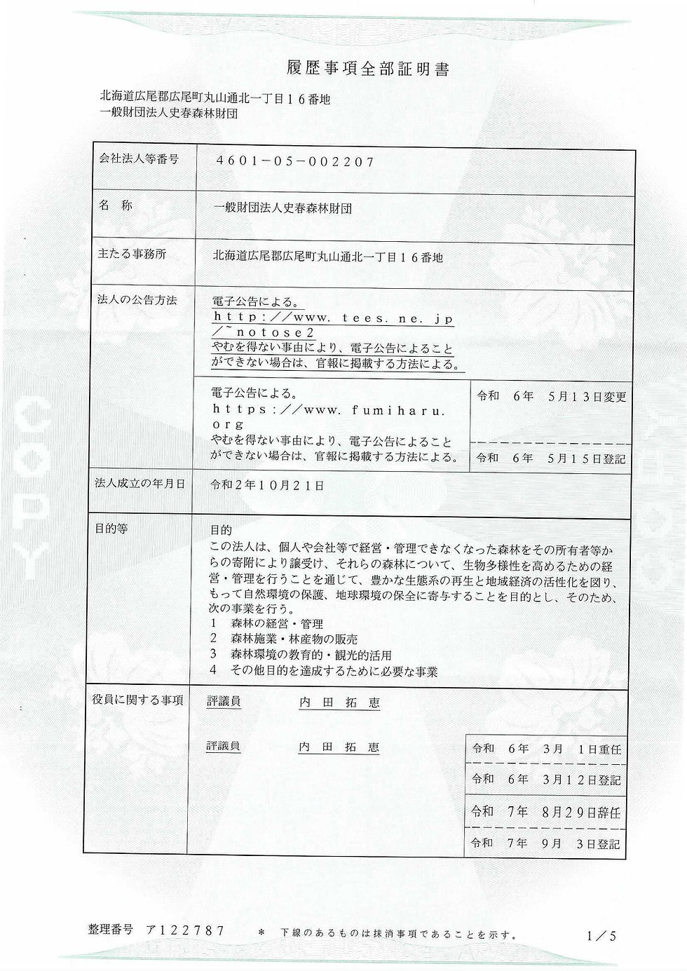 役員重任登記完了しました
