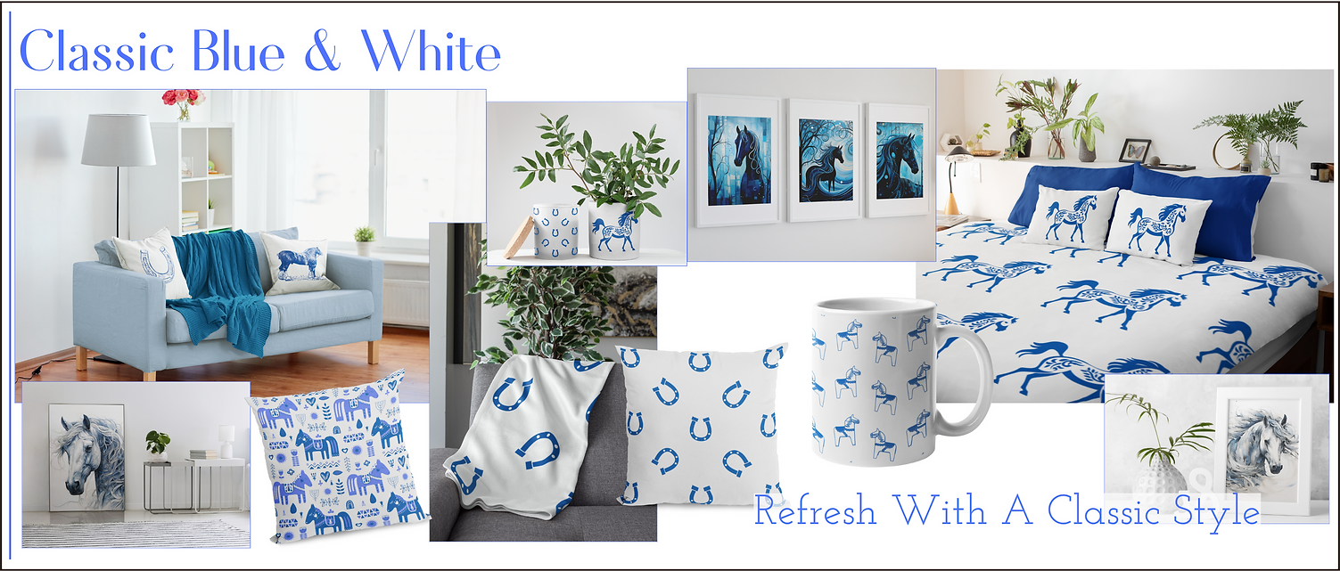Horse inspired home décor in classic blue and white