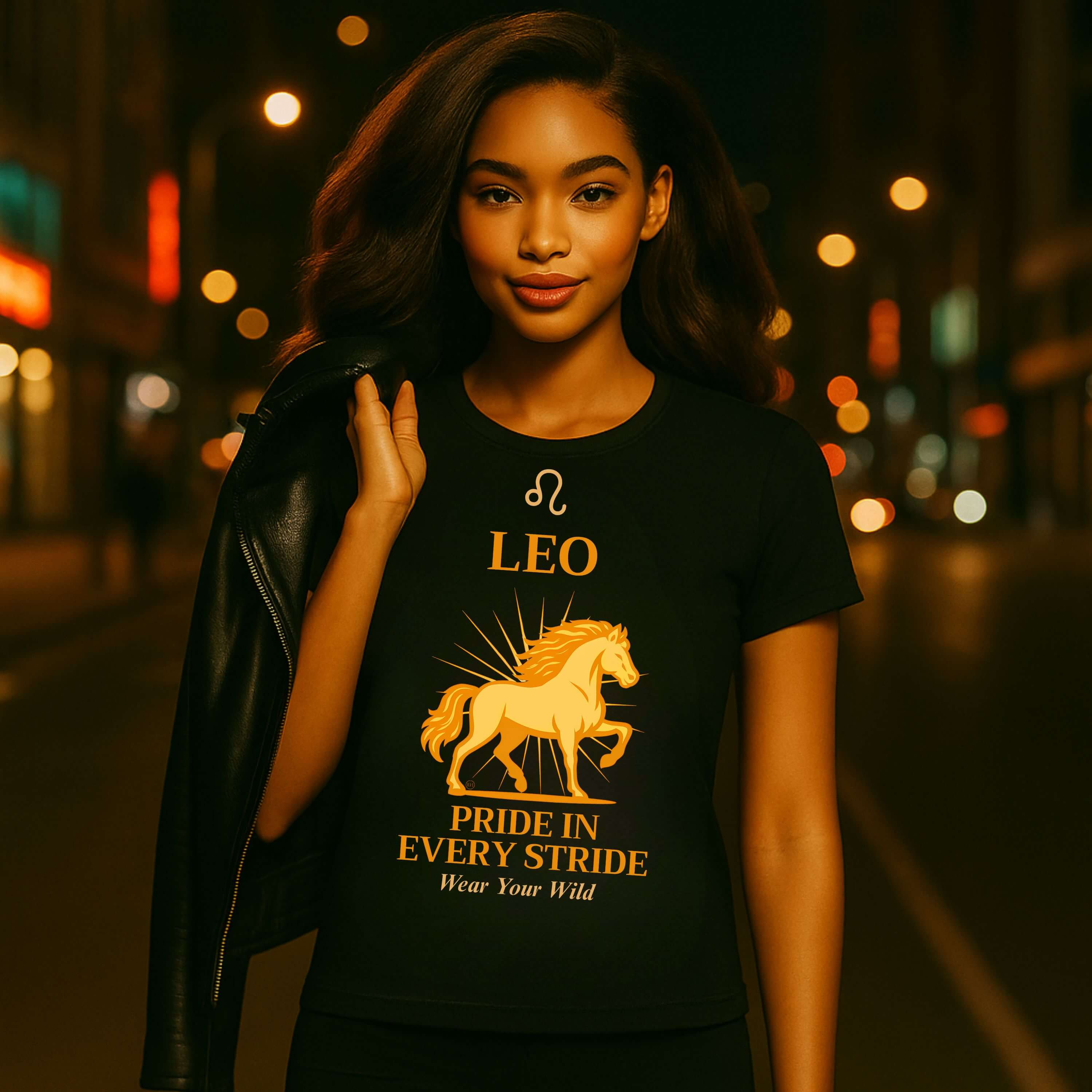Confident model wearing Leo astrology t-shirt with bold horse design in fashion photoshoot.