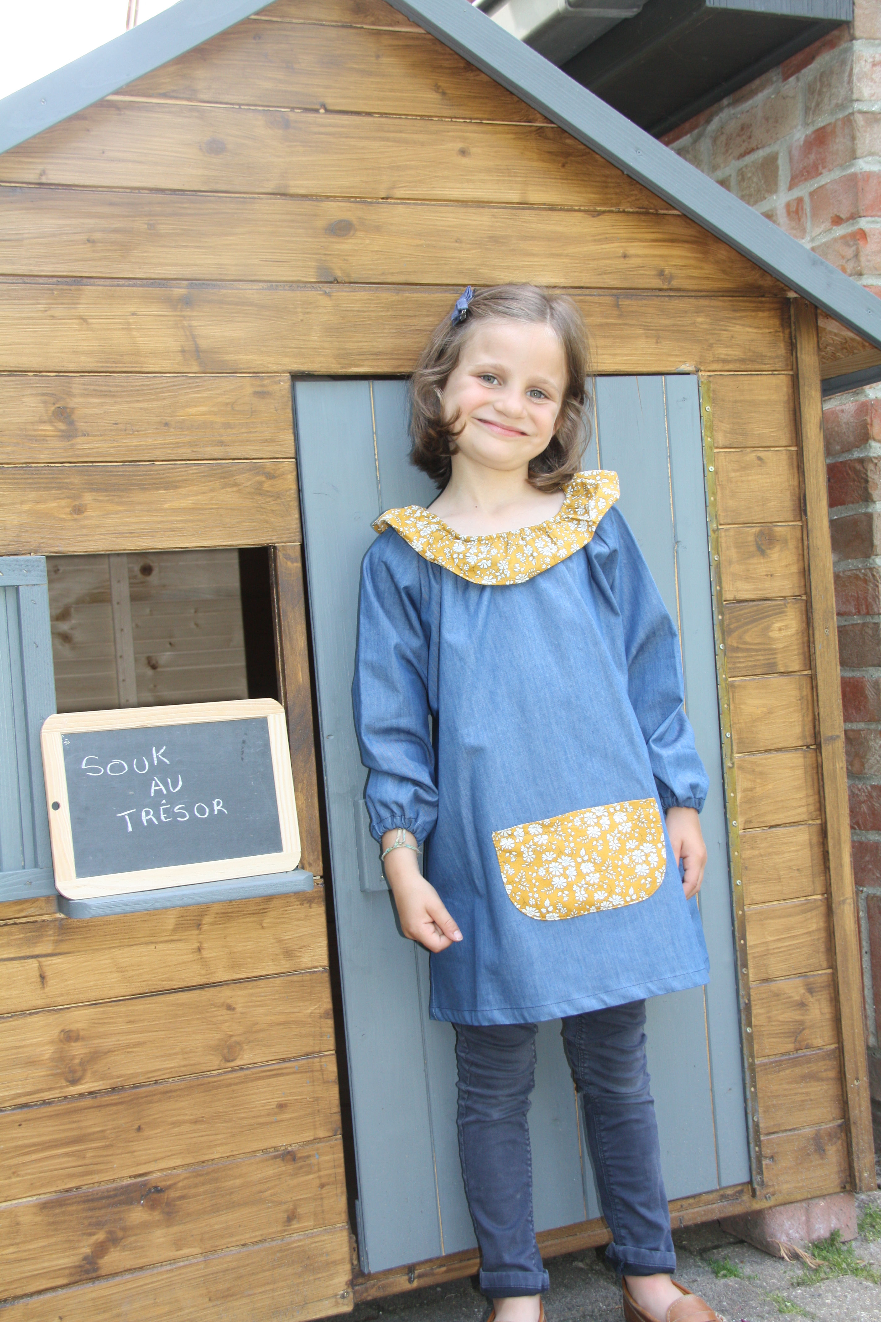 Tablier d'école denim léger et col en Liberty Capel moutarde
