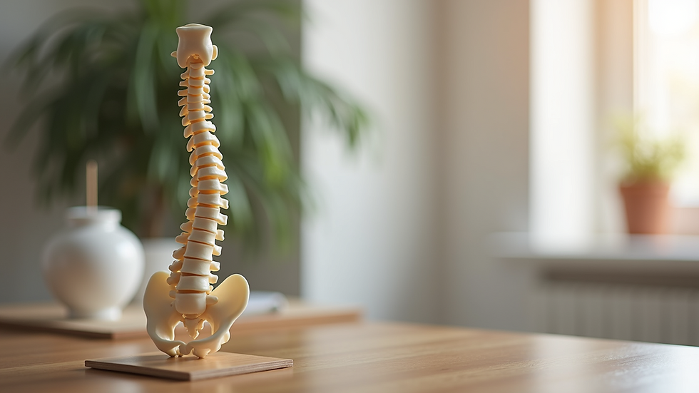 Close-up view of a spine model on a wooden desk in a wellness clinic