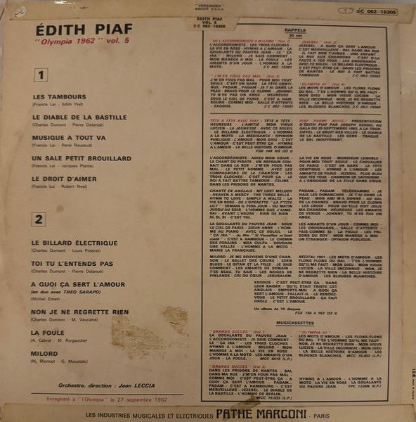 Miniature : Disque vinyle de Edith Piaf- A quoi ça sert l'amour, Olympia 62, vol 5 en vente sur www.vinylesandvintage.com
