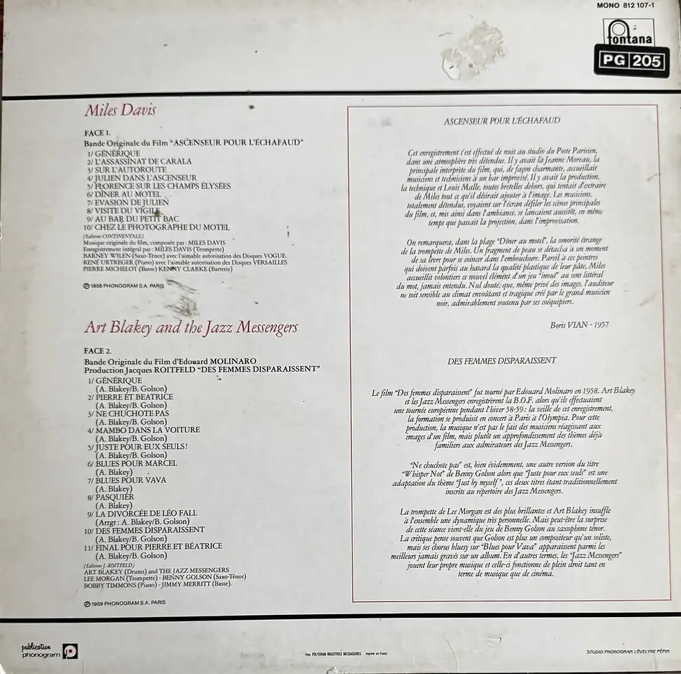 Disque vinyle de Art Blakey / Miles Davis - Ascenseur Pour L'Échafaud / Des Femmes Disparaissent | Vinyles & Vintage