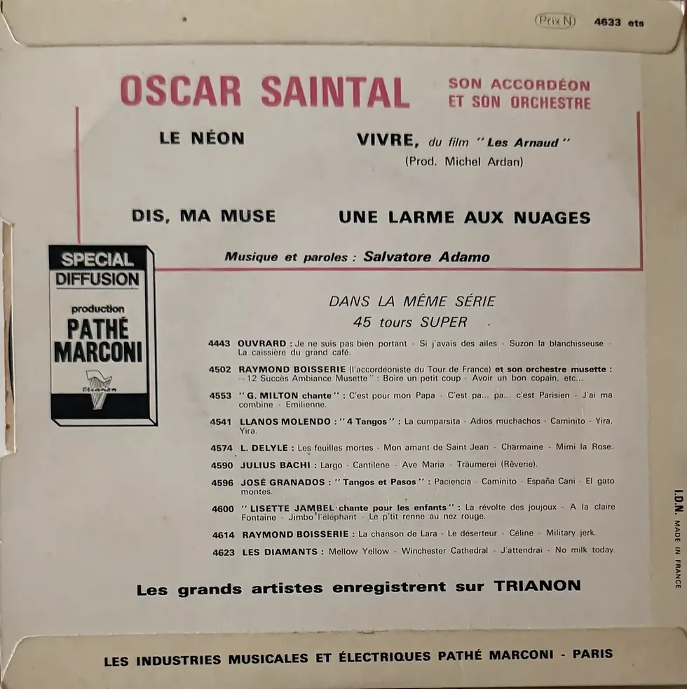 Disque vinyle de Oscar Saintal, Son Accordéon Et Son Orchestre - Joue les succès d'Adamo | Vinyles & Vintage