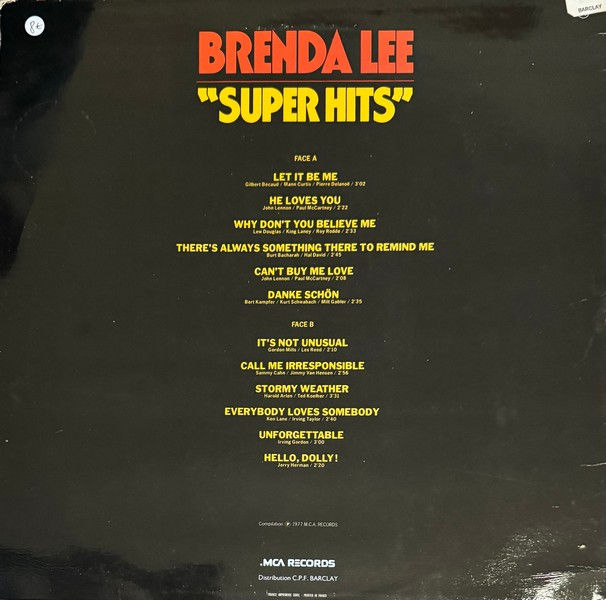 Miniature : Disque vinyle de Brenda Lee ‎– Super Hits en vente sur www.vinylesandvintage.com