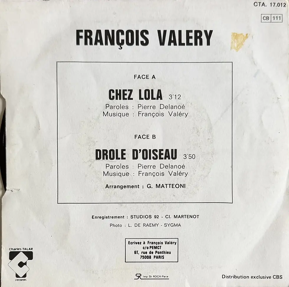 Disque vinyle de François Valéry - Chez Lola | Vinyles & Vintage