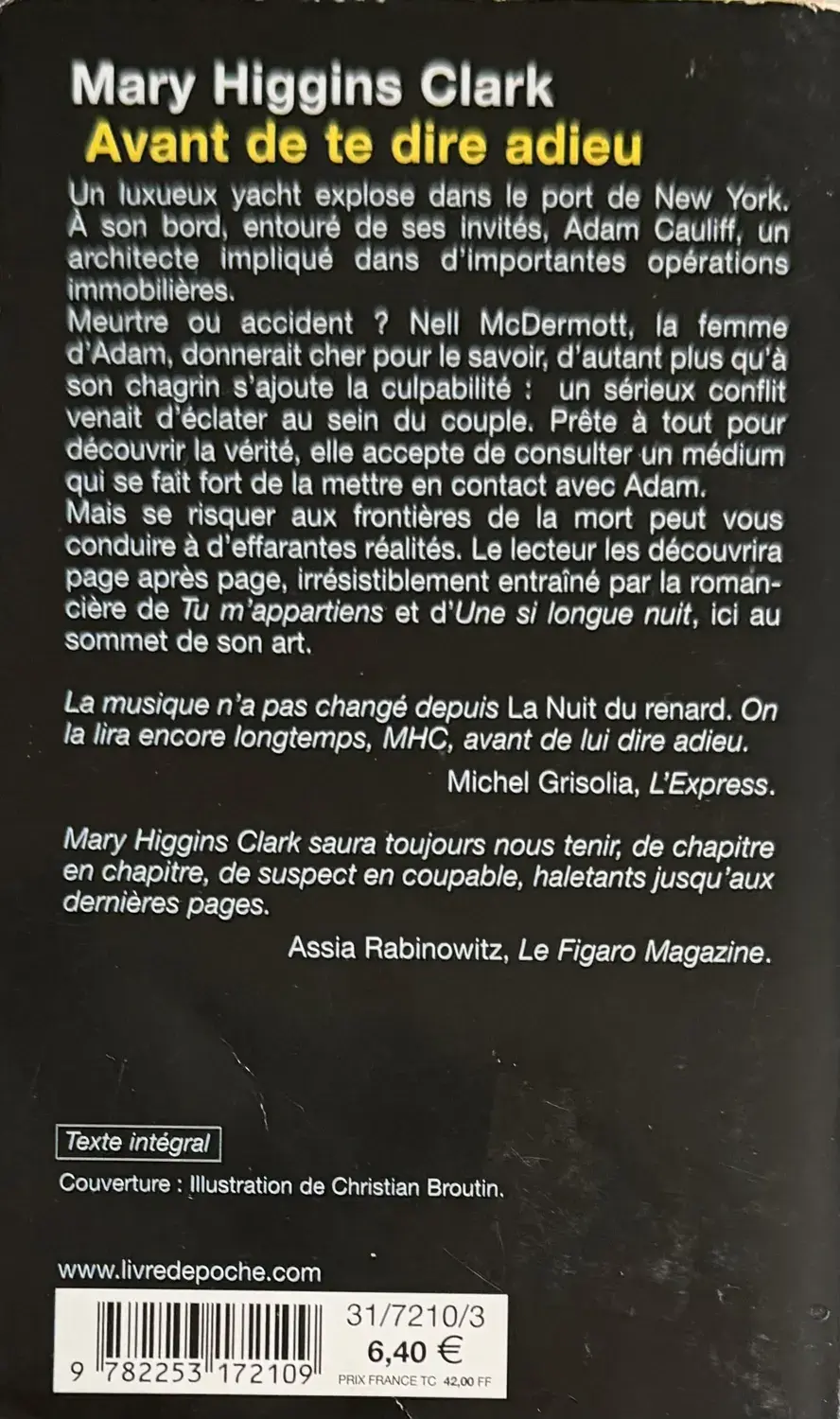 Livre de Mary Higgins Clark - Avant de te dire adieu | Vinyles & Vintage